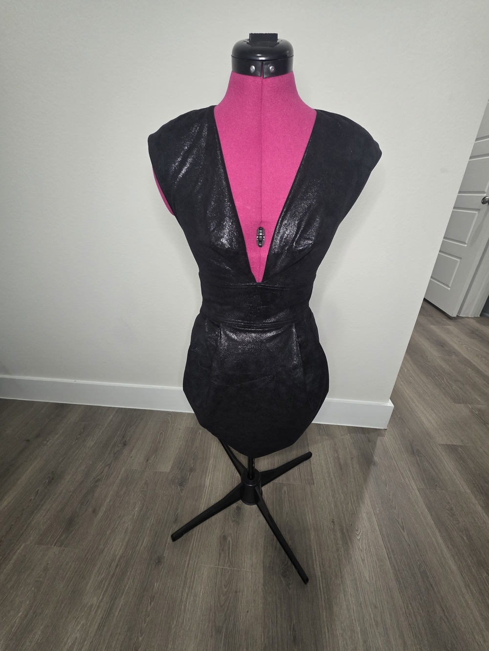 Marciano Black Faux-Leather Mini Dress with Deep V
